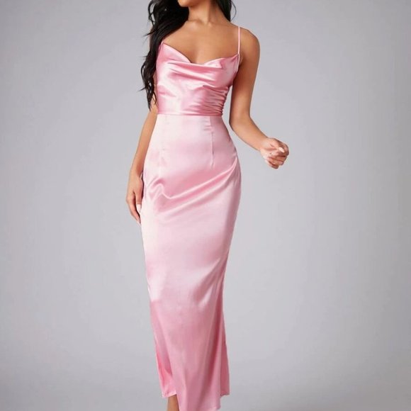 Draped Detail Split Hem Satin Slip Dress PInk - Picture 3 of 5